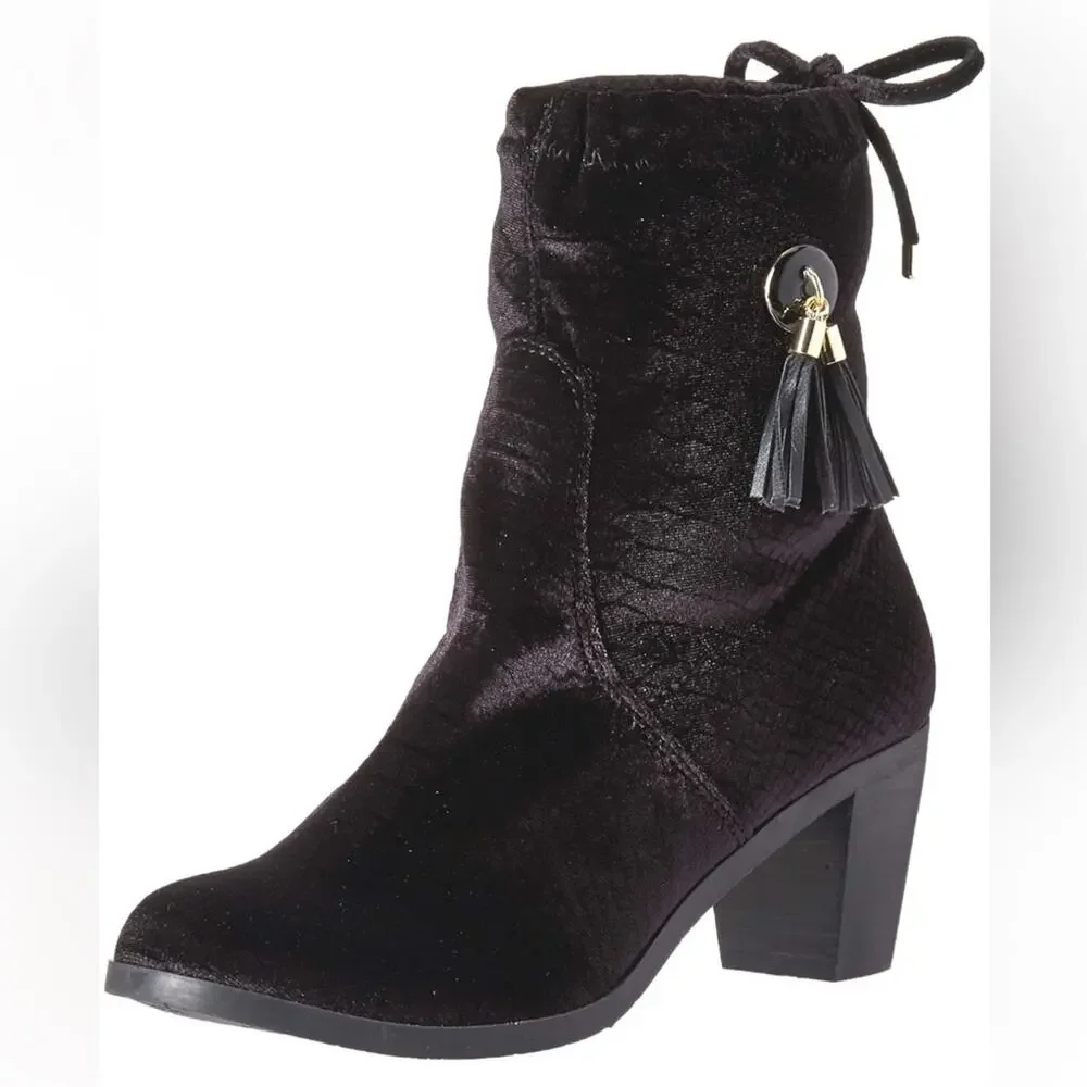 New $115 Black Faux Velvet Slouchy Sock Boot Tassle Womens 9.5 Boho Quiet Luxury